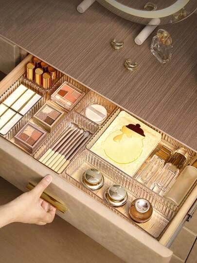 4 件/5 件/6 件/7 件/8 件/9 件/10 件化妆品抽屉整理器、香水整理器、护肤品整理器、透明多尺寸组合整理器、化妆抽屉整理器、化妆刷整理器、化妆品展示架、整理器分配器、用于乳液和样品的化妆品工具收纳盒，非常适合化妆品储存、浴室柜储存、办公用品整理、厨房用具整理器