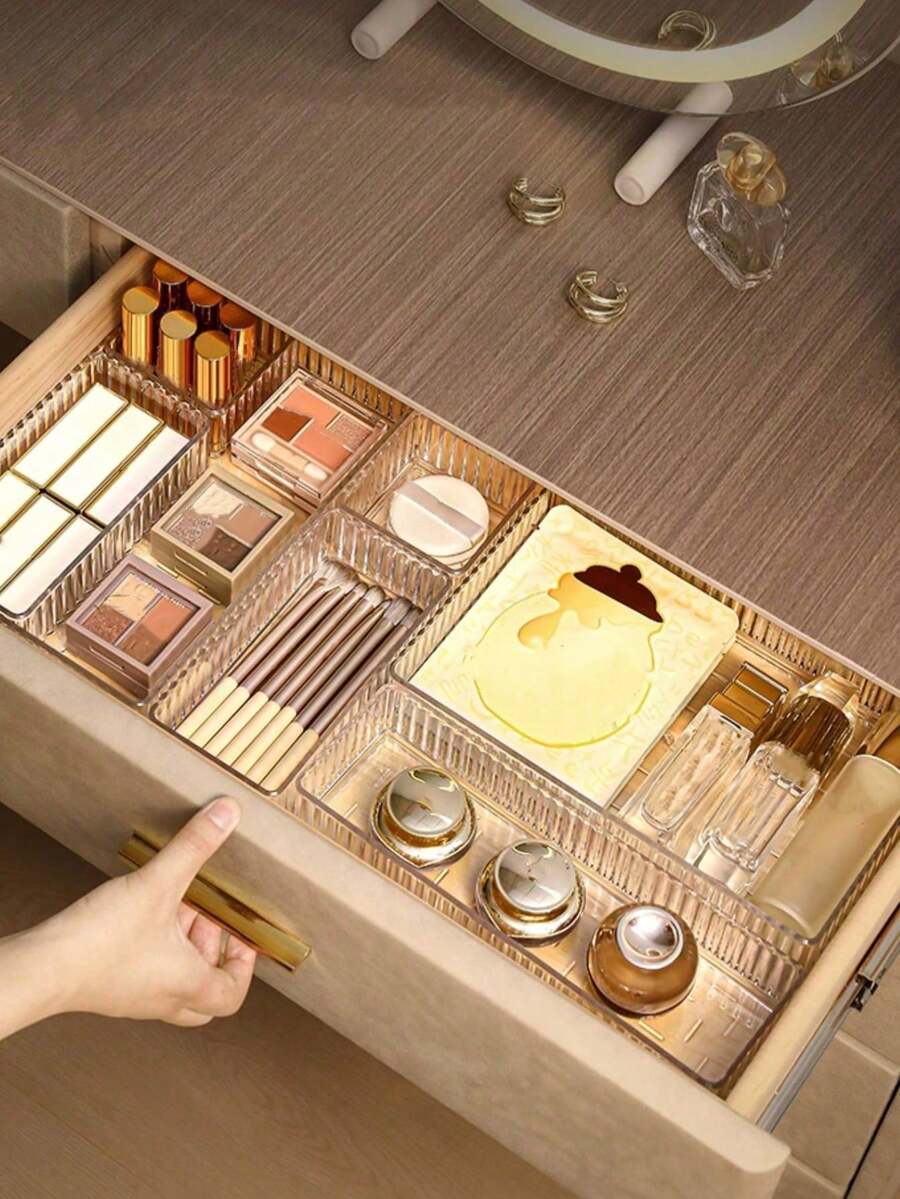 4 件/5 件/6 件/7 件/8 件/9 件/10 件化妆品抽屉整理器、香水整理器、护肤品整理器、透明多尺寸组合整理器、化妆抽屉整理器、化妆刷整理器、化妆品展示架、整理器分配器、用于乳液和样品的化妆品工具收纳盒，非常适合化妆品储存、浴室柜储存、办公用品整理、厨房用具整理器