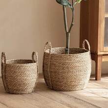 Versatile cestino portavasi in rattan e paglia intrecciata per piante, adatto per soggiorno, balcone, giardino, decorazione, leggero e con manico, per uso interno ed esterno