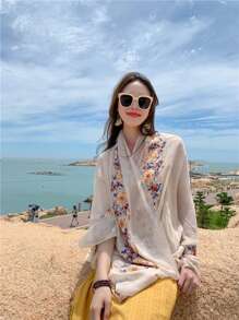 1pc Women Fashionable Soft Edge Scarf & Shawl With Multicolor Embroidery For Travel And Daily Wear Boho Valentine Day - Multicolor - View 5