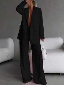 Elegant Business Casual Two-Piece Suit, Single Button Lapel Suit Jacket And Slim Fit Pants, Women's Clothing - màu đen - Xem 1