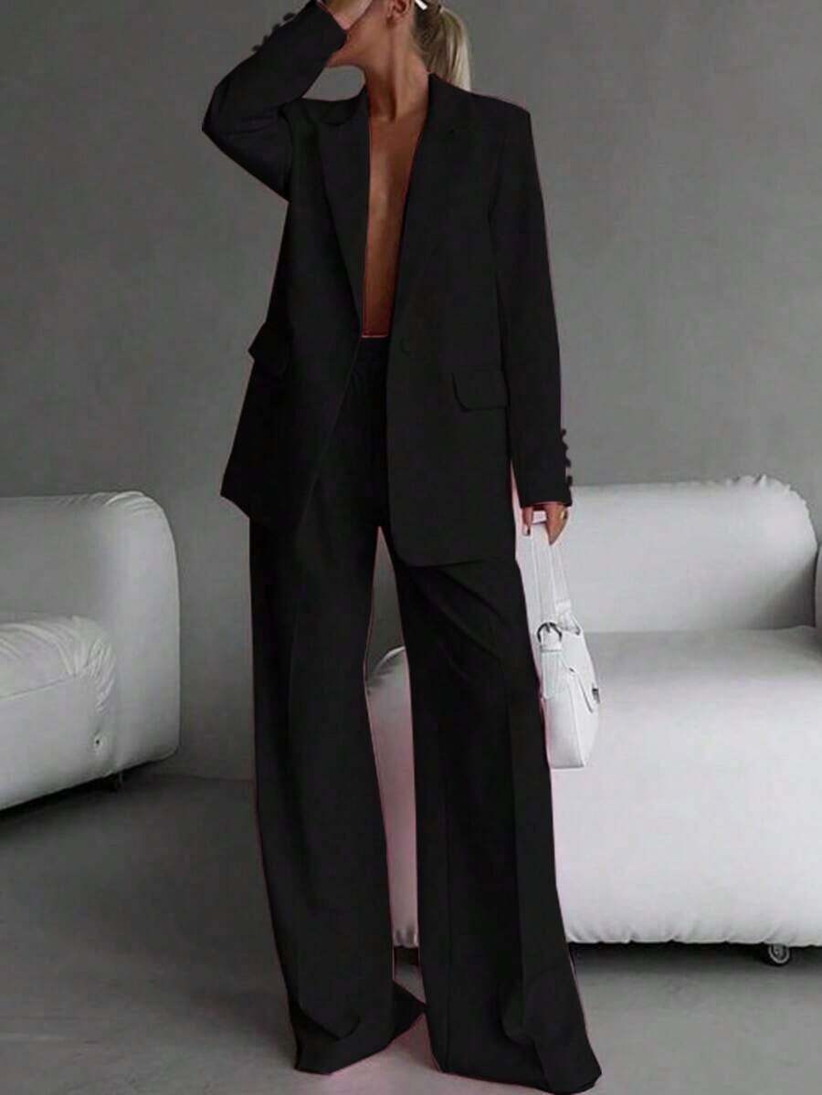 Elegant Business Casual Two-Piece Suit, Single Button Lapel Suit Jacket And Slim Fit Pants, Women's Clothing - màu đen - Xem 1