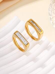 2 piezas Juego de anillos de acero inoxidable de color dorado elegante, incrustado con rhinestones blancos, disponible en múltiples tamaños, adecuado para uso diario de mujeres o como regalo - Amarillo Oro - Ver 2