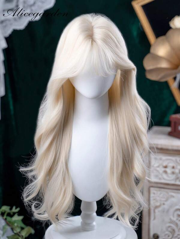 alicegarden 1 Synthetic Heat-Resistant Wig, A Golden Curly Wig With Bangs, 28 Feet Long, Made Of Fiber, Suitable For Daily Use, Natural Simulation Wig