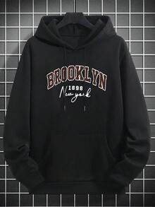 男士波士顿字母印花休闲连帽卫衣，返校季，秋冬季，长袖上衣 - 黑色 - 查看 3