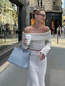 Women's Off-Shoulder Sweater, Solid Color Ribbed Pullover Dress Two Pieces Set, Casual Wear For Autumn/Winter