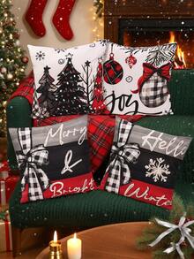 4 piezas Funda de almohada decorativa de Navidad, Funda de almohada con patrón de bola de Navidad y árbol de Navidad retro, Suministros para fiestas de Navidad, Funda de almohada de poliéster amigable con la piel, Decoración navideña para patio y jardín, Fundas de almohada para exteriores