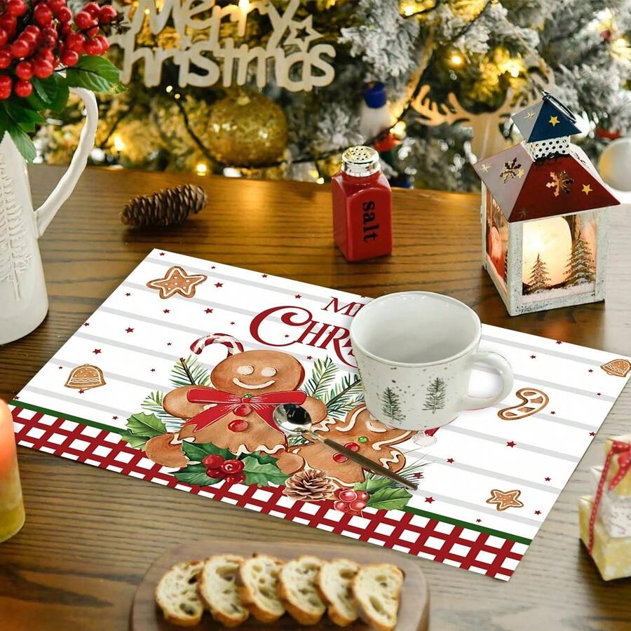 1/4/6 pezzi Tovagliette natalizie, a righe grigie e bianche con bordo nero e rosso, con 2 simpatici disegni di omini di pan di zenzero, adatte per decorare la tavola di feste, festa, cene, cucina e casa, decorazioni natalizie, ristoranti, centrotavola, autunno, in poliestere, adatte per uso quotidiano, feste, compleanni, matrimoni, cene