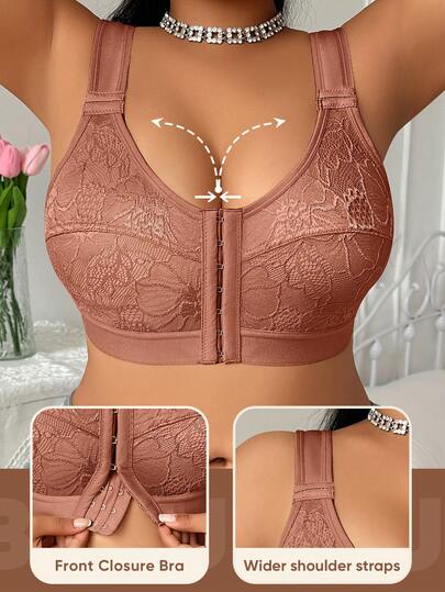 MEIYATING 1pc Women Plus Size Lace Front Closure Soft & Comfortable Daily Wear Bra, Summer Thin Cup Lingerie