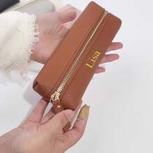 定制字母PU鹅卵石纹皮革办公拉链笔袋，个性化学生铅笔袋，大容量手工创意文具收纳笔袋，PU材质笔袋，多用途，大容量，多功能，色彩缤纷，可爱，萌趣，简约，趣味，卡哇伊，Y2K，极简，通勤，商务休闲，基础款，定制，个性化，独特 - 黑色 - 查看 4