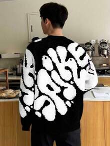 一件青少年男童时尚休闲舒适柔软针织毛衣，撞色设计，长袖，适合居家、通勤、上学、户外活动、派对、街头穿着，冬季适用。 - 黑色 - 查看 9
