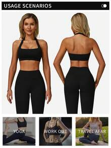 MFVIM 2 件套女式无袖露背吊带上衣和高腰喇叭裤健身服，夏季 - 黑色 - 查看 6