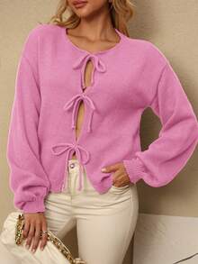 【上衣】纯色扭结长袖开衫 - 简约、办公、复古、简单、法式风格，女士系带腰身纯色针织开衫，可搭配衬衫穿着，大码可爱休闲开衫 - 玫紅色 - 查看 4