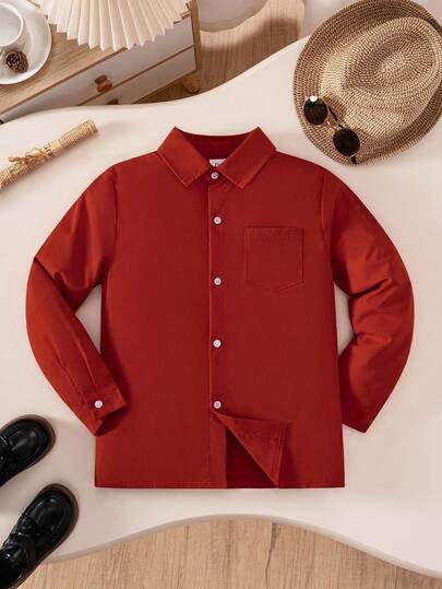 Boys' Classic School Style Black Pocket Long Sleeve Shirt, Formal Attire Suitable For Casual Gatherings, Ring Bearer, And Various Formal Occasions