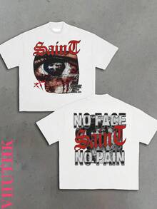 VHUTHK Double Sided Printed (220 Cotton T-Shirt) Letters "SAINT" And Eye Print Men's Summer Round Neck Short Sleeved Casual Cotton Print