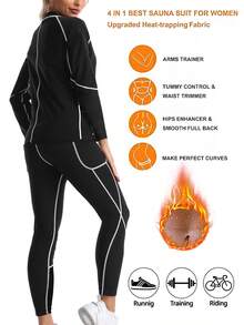 2pcs Patchwork Design Women Outdoor/Indoor Running Moisture-Wicking Sauna Suit Top + Pants Set With Zipper, Sports Shapewear, Sauna Workout Clothes, Fitness Suit For Women - Black and White - View 3