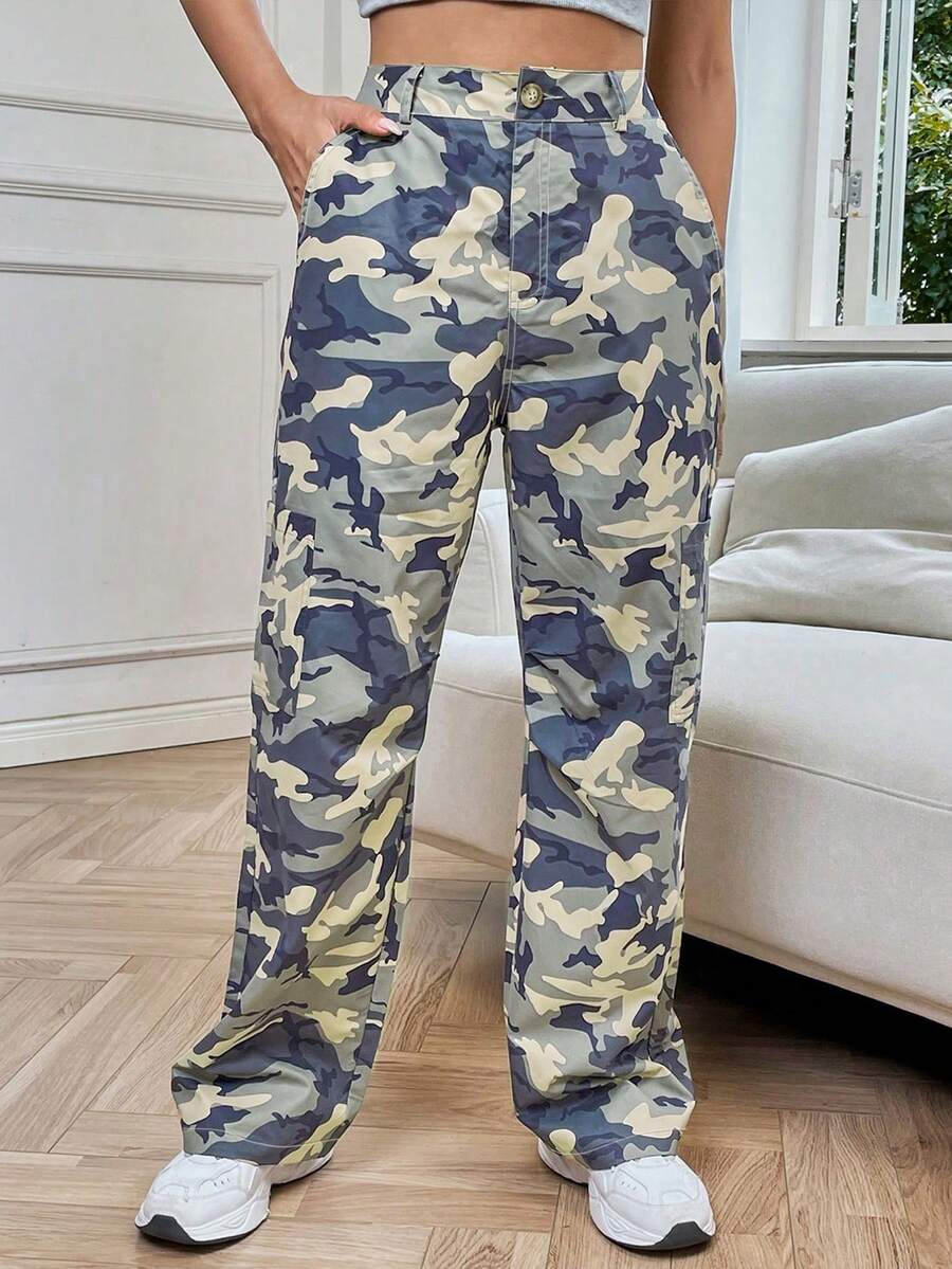 Women's Vintage Camo Cargo Pants, Casual Sports Trousers