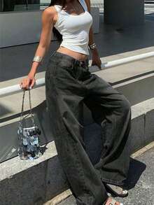 Teen Girls' Fashionable Straight Leg Wide Leg Casual Jeans - 灰色 - 查看 5