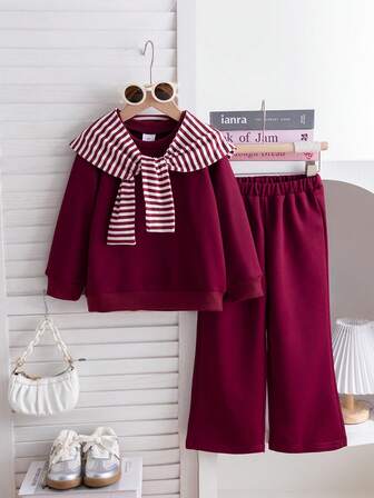 3pcs Young Girl Casual Outfit Set: Striped Shawl + Red Sweatshirt Top + Straight Leg Pants, Suitable For Festive Occasions, School, Vacation, Daily Commute, Outdoor