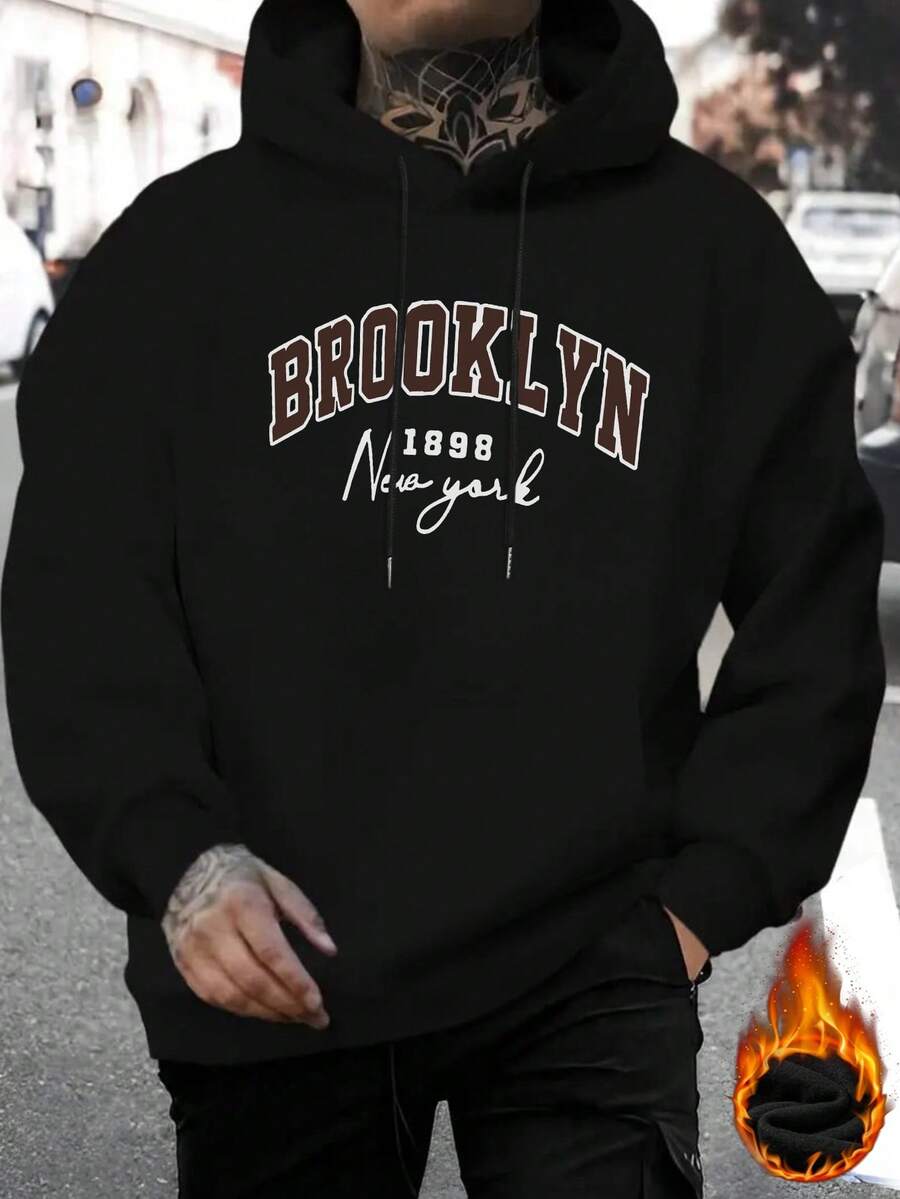 男士波士顿字母印花休闲连帽卫衣，返校季，秋冬季，长袖上衣 - 黑色 - 查看 1