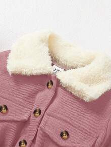 2pcs/Set Baby Girls Casual Fur Collar Long Sleeve Dress + Hat, Spring/Autumn/Winter, Infant Toddler Turndown Collar Button Waist Romper Dress, Elegant Princess Corduroy Dress Suitable For 0-1-2-3 Years Old, 6-9 Months, Outdoor, Casual, Party, Holiday Gift - 粉色 - 查看 3