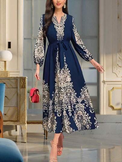 Scacto Spring 2025 New Women's Bohemian Print Maxi Dress,  Middle Eastern Long-Sleeve Layered Dress With Drawstring Waist For Vacation