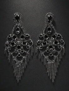 1pair Exaggerated Gold Tone Fringe Earrings With Rhinestone Flower Design Valentines,Mom,Mother,Mother's Day,Gift - Gold - View 6