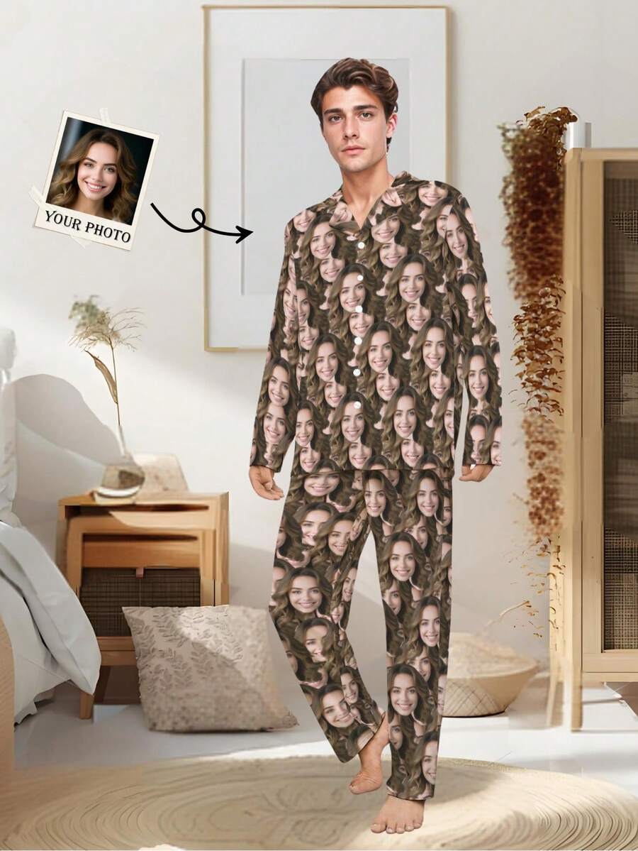 Customized Photo Men's Personalized Face Print Pajama Set, Unique Family Sleepwear, Customized Pet Face Pajamas, Mixed Face Pattern Loungewear, Holiday Pajamas, Pajama Pants, Couples Pajamas, Customized Fitted Pants, Loungewear, Valentine's Day, Anniversary Gift, Customized Family Gift, Winter - Multicolor - View 1