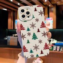 卡通聖誕樹與雪人手機殼，相容 iPhone 18 Pro Max 17 16 15 Plus 14 13 12 11 Pro Max 14 Plus，防震摺疊紋理軟殼，曲面紋理手機殼 - 白色-A2A-T6209 - 查看 2