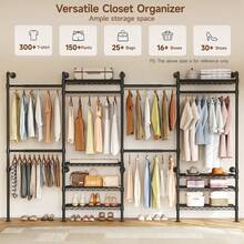 L4 Wall Mounted Industrial Pipe  Clothes Rack, Closet Organizer System With 6 Hanging Clothes Rods ( 4 Expandable Rods ), Clothing Rack With 8 Shelves, Heavy Duty Corner Garment Rack, Large Storage Wardrobe Closet Kit