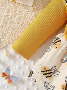HAO6 Baby Girl Casual Bee Print Dress With Bow Decor, Suitable For Newborn & Baby GirlEveryday Wear, Autumn/Winter - Yellow - View 3