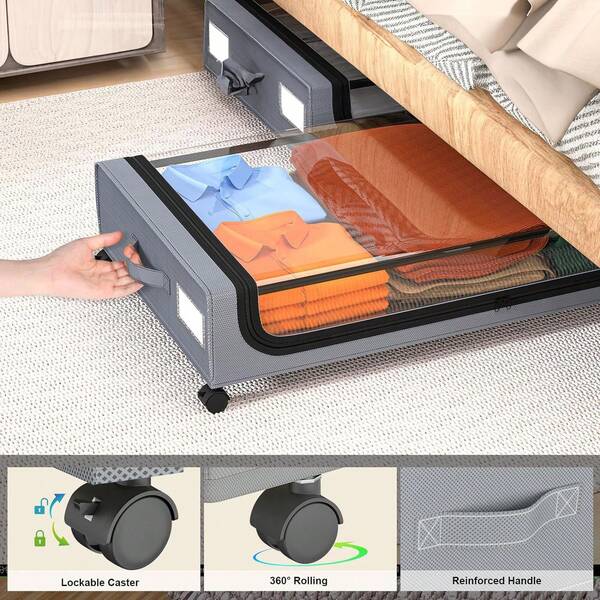 Caixa de armazenamento grande com rodas para cama, tampa de tecido à prova de poeira, rodízios de ferro, organizador embaixo da cama