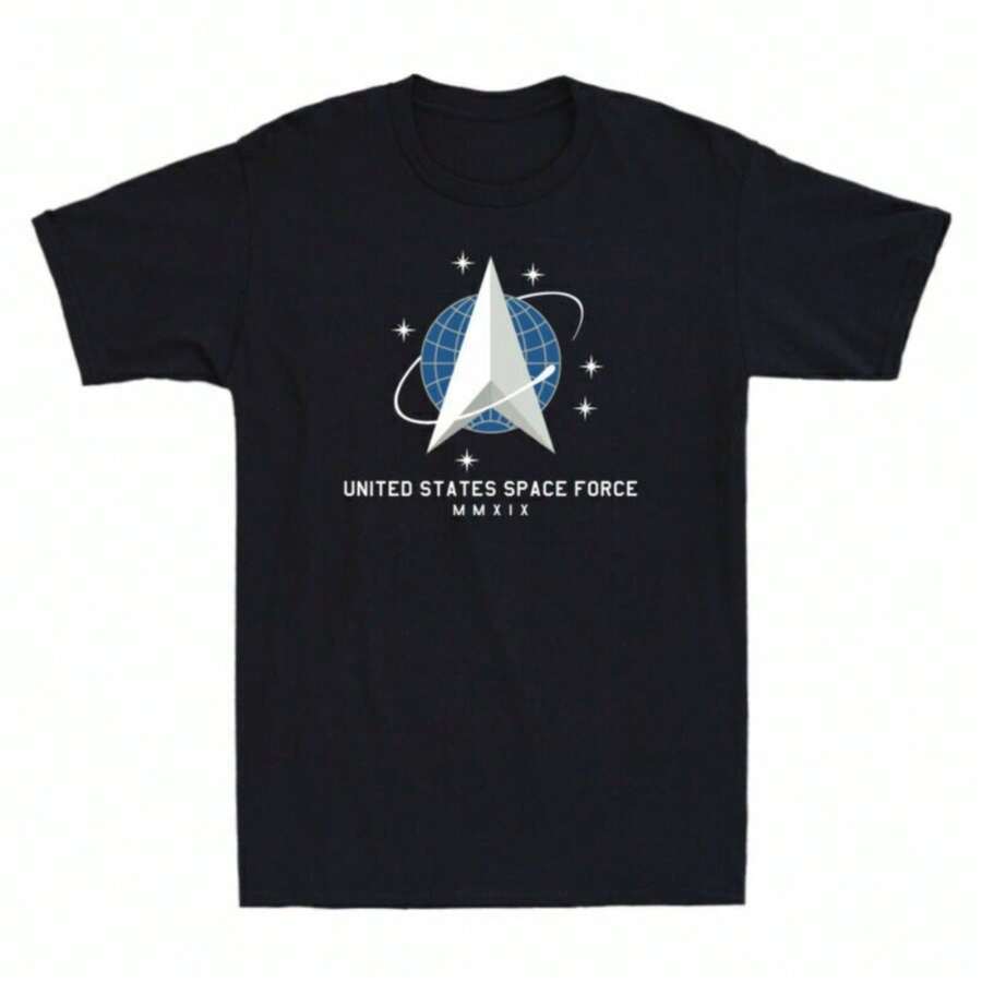 United States Space Force MMXIX Vintage Logo Funny Men'S Cotton T-Shirt Black, All-Season, 2025 Men's Summer Round Neck Short Sleeved Casual Cotton Print Loose Round Neck Short Sleeve T-Shirt - 黑色 - 查看 1