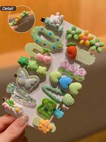 14pcs Women's Fashion Hair Clip Set, Green, Sweet And Cute, Teddy Bear And Rabbit Cartoon Pattern, Multiple Styles, Suitable For Daily Wear, Women's Hair Accessories, Recommended Gift, Claw Clips, Hair Clips, Hair Pins, Hair Clips - Green - View 6