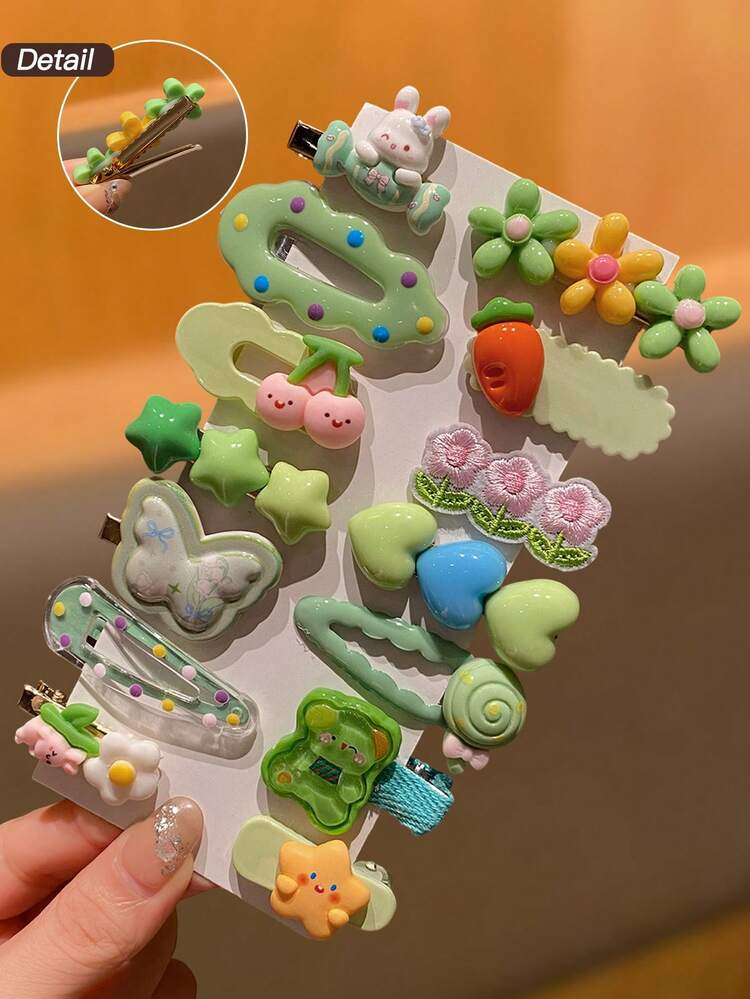14pcs Women's Style, Green, Sweet And Cute, Teddy Bear And Rabbit Love Cartoon Pattern, Multi Version Hair Clip Set, Suitable For Daily Use, Women's Hair Accessories, Recommended Gifts, Claw Clips, Hair Claws, Clips For Hair, Hair Slide, Hair Barrettes, Head Accessories, Hairpin - Green - View 6