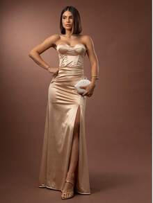 LONG WEDDING PARTY DRESS FOR BRIDESMAID FASHIONISTA STRAP-OFF WITH SLIT - GOLDEN - View 1