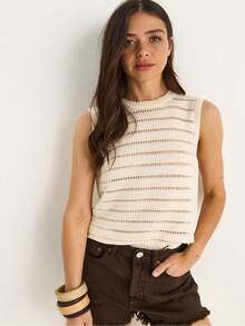 女款圓領鏤空基本款針織襯衫 20258009 - 奶油色 - 查看 1