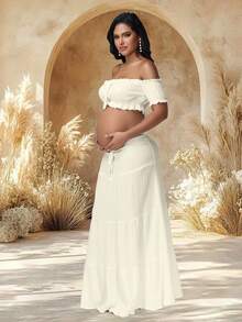 JustVH 2pcs/Set Maternity Off-Shoulder Ruffle Hem Crop Top And Flowing Maxi Skirt Set, Suitable For Photography And Beach Wear
