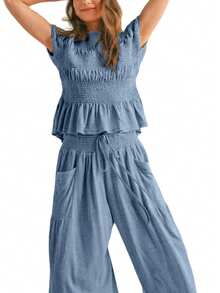 Womens Early Autumn 2 Piece Outfits Grapple Tops Elastic Waist Wide Leg Pants With Pockets Casual Boho Lounge Matching Sets - 霧霾藍 - 查看 1