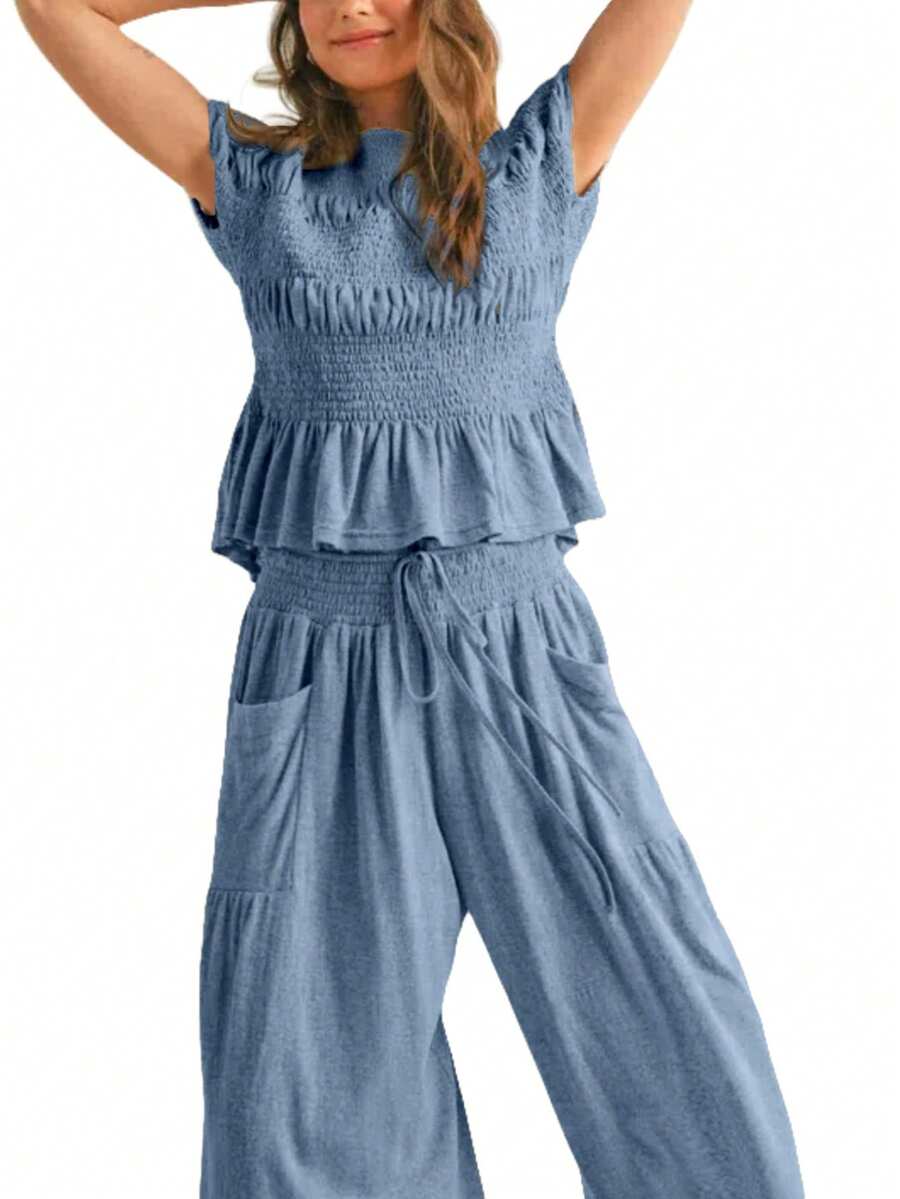 Womens Early Autumn 2 Piece Outfits Grapple Tops Elastic Waist Wide Leg Pants With Pockets Casual Boho Lounge Matching Sets - 霧霾藍 - 查看 1