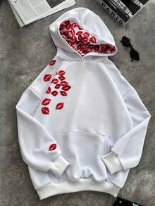 Áo sweatshirt dài tay dáng rộng in hình môi phong cách Y2K của Dear Molly dành cho nữ, áo nỉ chui đầu kiểu vintage Mỹ với túi kangaroo, thích hợp cho nữ mùa thu/đông, trang phục thường ngày màu trắng mùa xuân. - trắng - Xem 6