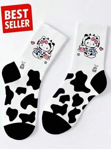 1/5/10 Pairs  Cow Print Women's Cute Cartoon Crew Socks, Black White Kawaii Anime Pattern Mid-Calf Socks, Soft Comfortable Breathable Versatile Casual Printed Stockings, Ideal For Autumn Winter Daily Commuting, Sports Fitness Running Cycling Travel Vacation Shopping Camping Parties Family Gatherings Back To School, Halloween Christmas Home Warmth, Perfect Gifts For Girls Couples
