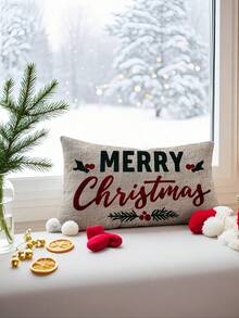 1pc Christmas Decorative Lumbar Pillow Cover (Pillow Insert Not Included), Christmas Tree, Letter, Merry Christmas Elements Print, Digital Printing Technique, Peach Velvet Fabric, Suitable For Sofa, Living Room, Bedroom, Car, Office, Hotel, Decorative Pillow Case With Festive Christmas Vibe - Multicolor - View 3