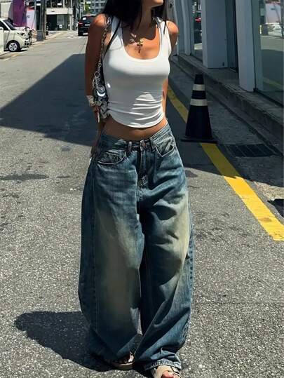 Teens' Fashion Straight Leg Wide Leg Casual Jeans