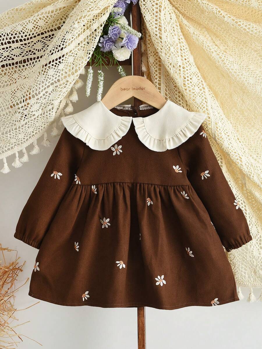 女婴秋季花朵刺绣长袖连衣裙时尚翻领幼儿服装（6个月至3岁） - 咖啡棕 - 查看 1