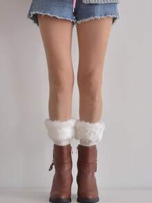 1 Paio di Scaldamuscoli Caldi da Donna, Scaldamuscoli Corti Imbottiti e Lavorati a Maglia Rigati per Autunno/Inverno, Scaldamuscoli Corti con Bordo Soffice di Colore Unito