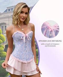 Corset Tops For Women, Bustier Shapewear Lingerie, Lace Waist Push Up Bodysuit - Màu xanh lam - Xem 7
