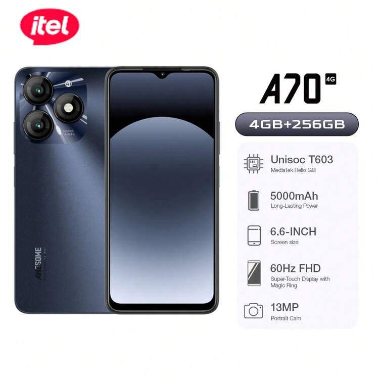 itel A70 256GB+4GB, 6.6-Inch HD+Ultra-Narrow Bottom Frame+Side