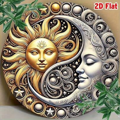 2D Flat, 1 Piece Retro Sun And Moon Astronomical Art Metal Sign - 20.32x20.32 Cm Rust-Proof Wall Decoration, Vivid Two-Color Design, Perfect For Home, Bar, Cafe, Garden Door Or As A Gift, Astronomical Wall Sign | Durable Metal Decoration, Moon Decoration, 2D Flat, Perfect Room Decoration