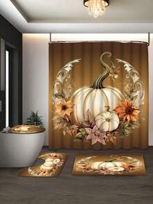 1/4 Pcs Pumpkin Autumn Thanksgiving Shower Curtain Set, Watercolor Floral Pumpkin Bathroom Set For Autumn Thanksgiving Harvest, Includes Shower Curtain And Rug, Waterproof Polyester Fabric Shower Curtain Bathroom And Home Decor, With 12 Hooks, Thanksgiving Decor, Autumn Decor, Halloween, Christmas Decorations Bathroom Decor